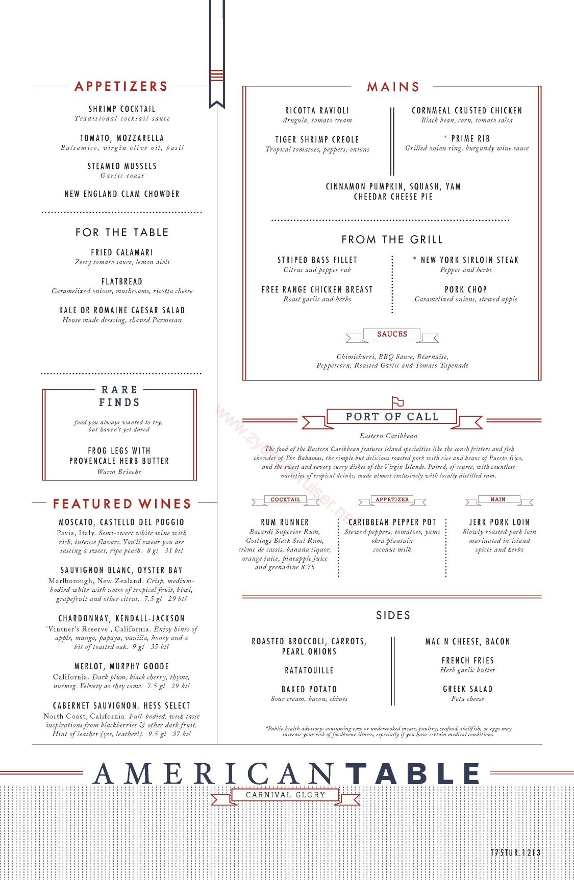 Carnival Glory Eastern American Table Menu Grand Turk